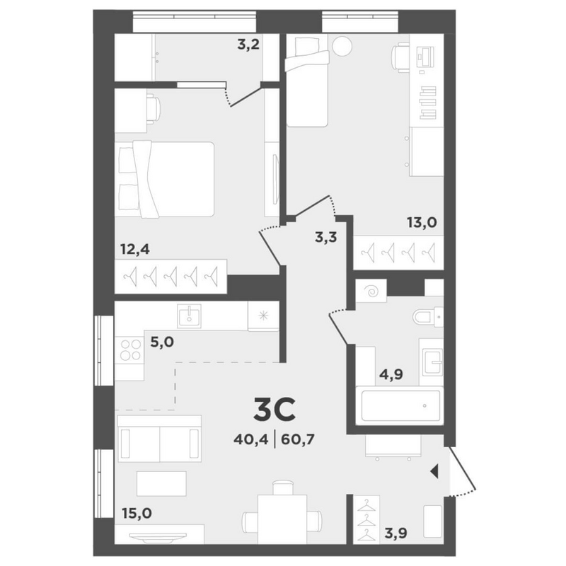 Планировка 3е-к.кв 57.50 м² в ЖК «Поколение»