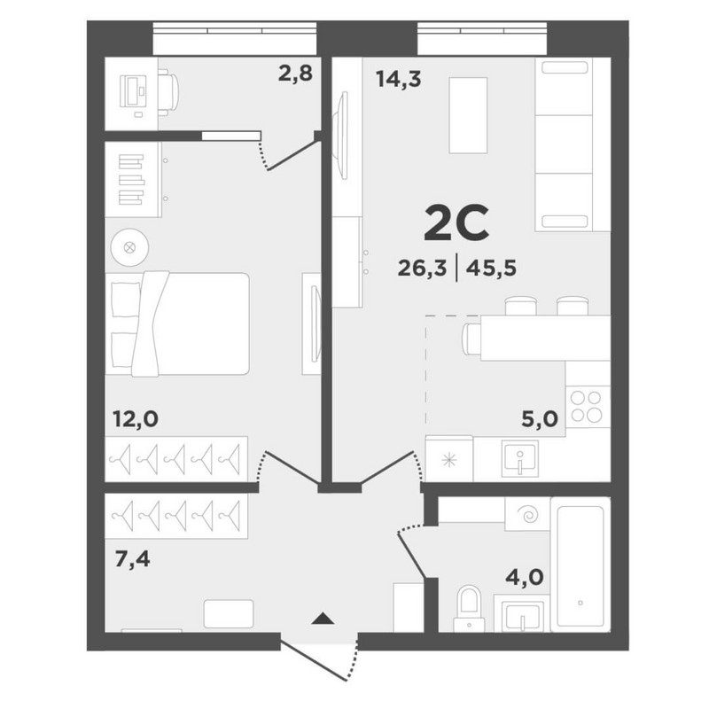 Планировка 2е-к. квартира 42.70 м² в ЖК «Поколение»