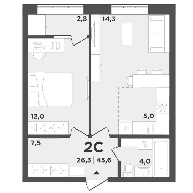 Планировка 2е-к.кв 42.80 м² в ЖК «Поколение»