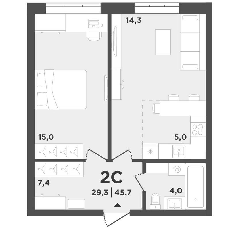 Планировка 2е-к. квартира 45.70 м² в ЖК «Поколение»