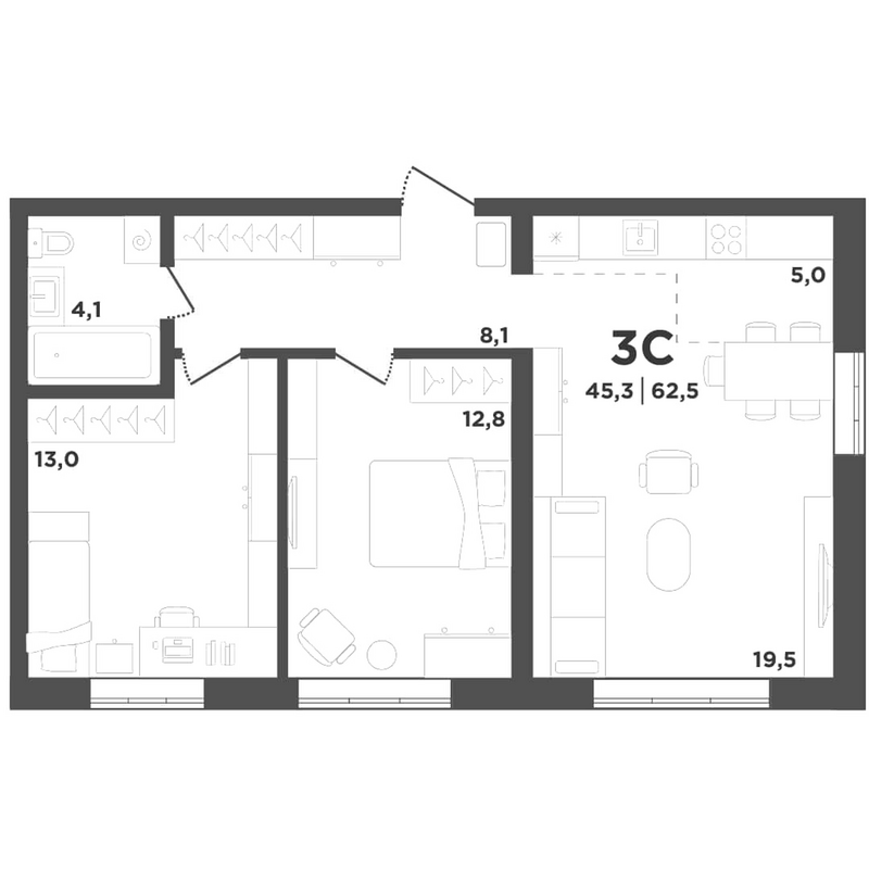Планировка 3е-к.кв 62.50 м² в ЖК «Поколение»