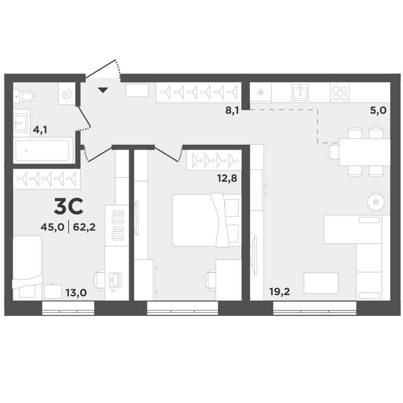 Планировка 3е-к.кв 62.20 м² в ЖК «Поколение»