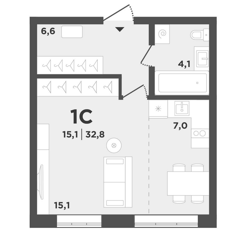 Планировка студия 32.80 м² в ЖК «Поколение»
