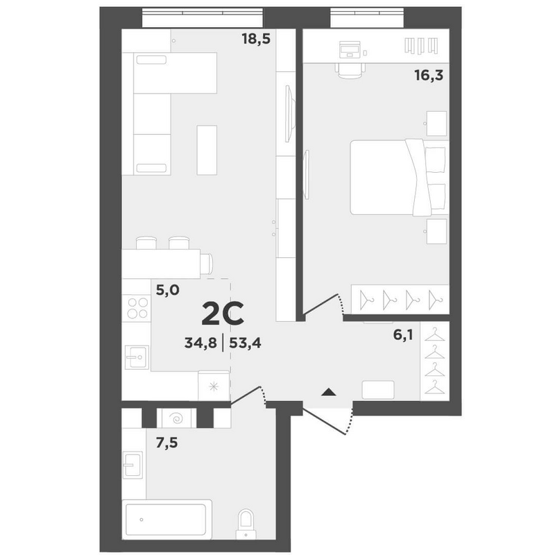 Планировка 2е-к. квартира 53.40 м² в ЖК «Поколение»