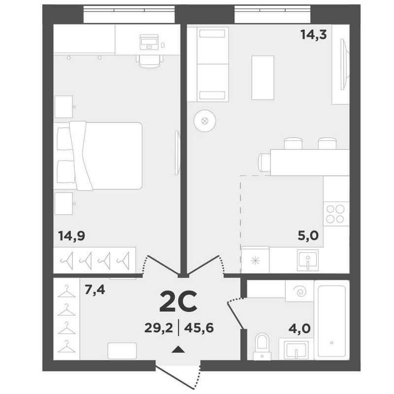 Планировка 2е-к.кв 45.60 м² в ЖК «Поколение»
