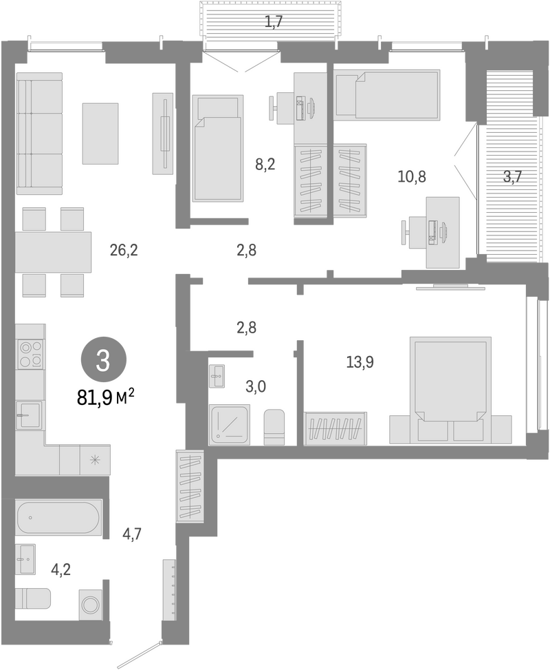 Планировка 4е-к.кв 76.50 м² в ЖК «Европейский берег»