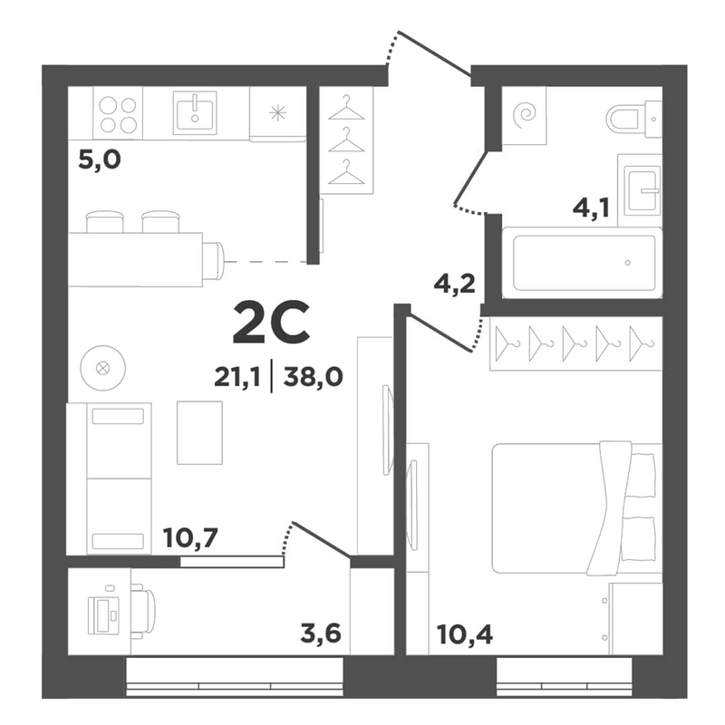 Планировка 2е-к.кв 34.40 м² в ЖК «Поколение»