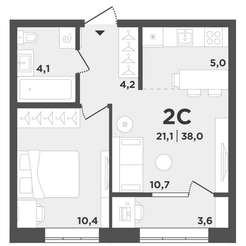 Планировка 2е-к.кв 34.40 м² в ЖК «Поколение»