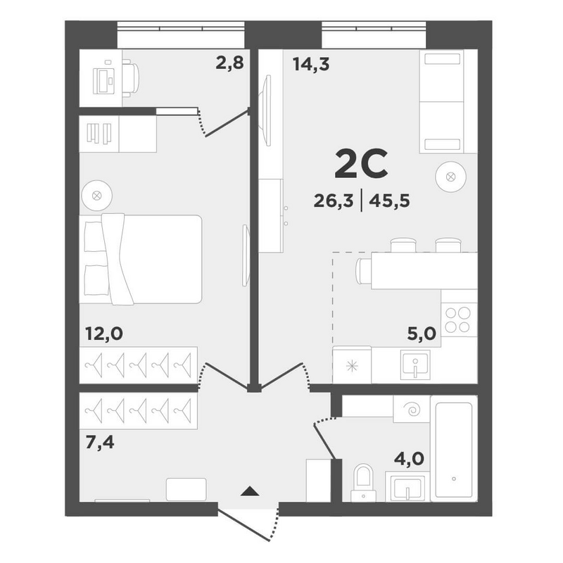 Планировка 2е-к.кв 42.70 м² в ЖК «Поколение»