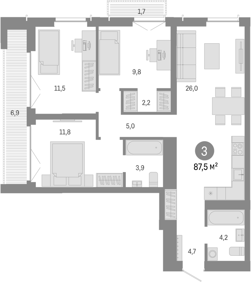 Планировка 4е-к. квартира 79.10 м² в ЖК «Европейский берег»