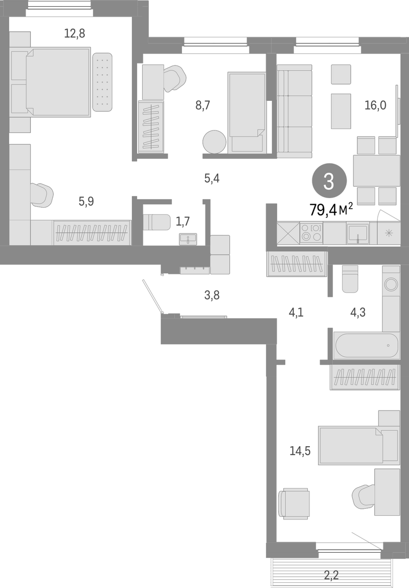 Планировка 4е-к.кв 77.20 м² в ЖК «Пшеница»