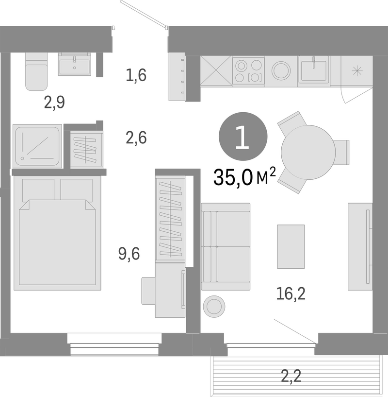 Планировка 2е-к.кв 32.80 м² в ЖК «Пшеница»