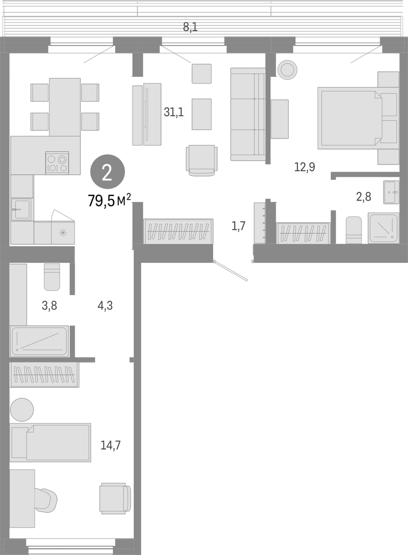 Планировка 3е-к.кв 71.40 м² в ЖК «Пшеница»