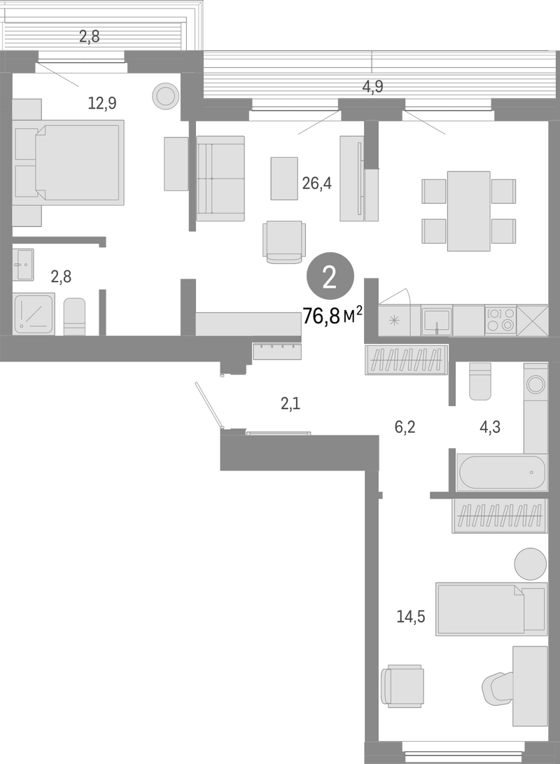 Планировка 3е-к.кв 69.10 м² в ЖК «Пшеница»