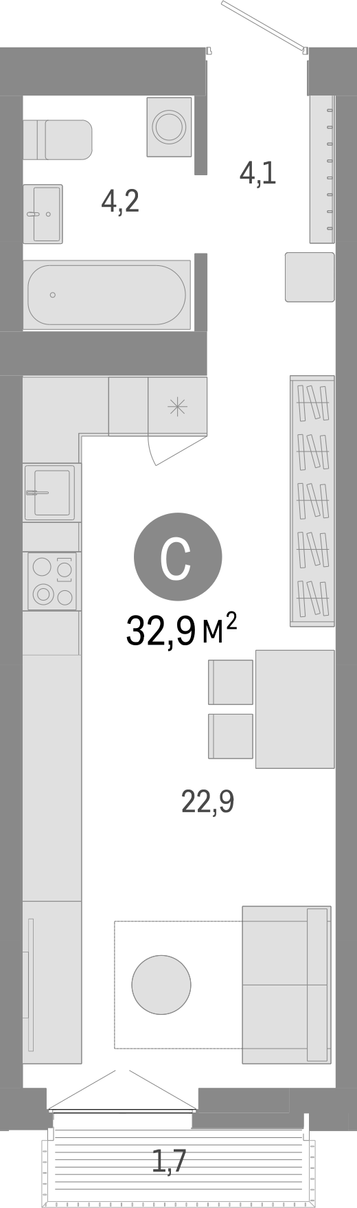Планировка студия 31.20 м² в ЖК «Европейский берег»