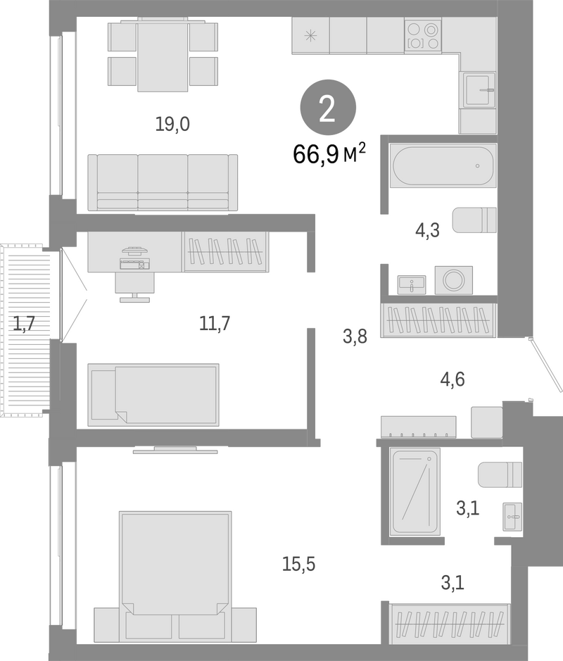 Планировка 3е-к.кв 65.20 м² в ЖК «Европейский берег»