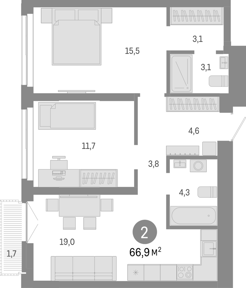 Планировка 3е-к.кв 65.20 м² в ЖК «Европейский берег»