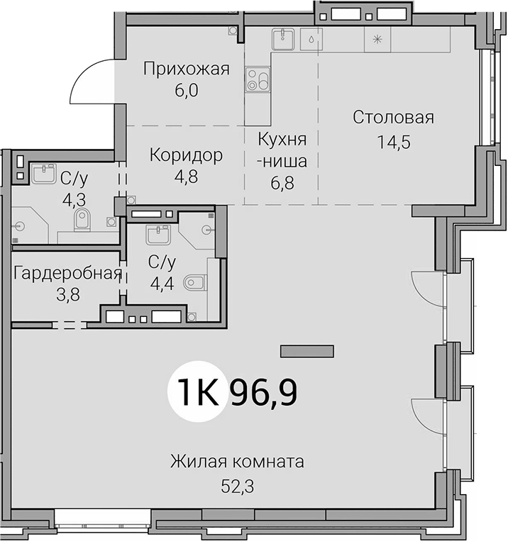 Планировка 2е-к. квартира 96.90 м² в ЖК «Тайм Сквер»