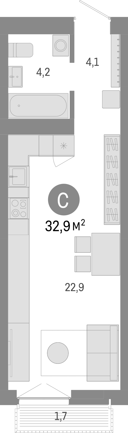 Планировка студия 31.20 м² в ЖК «Европейский берег»