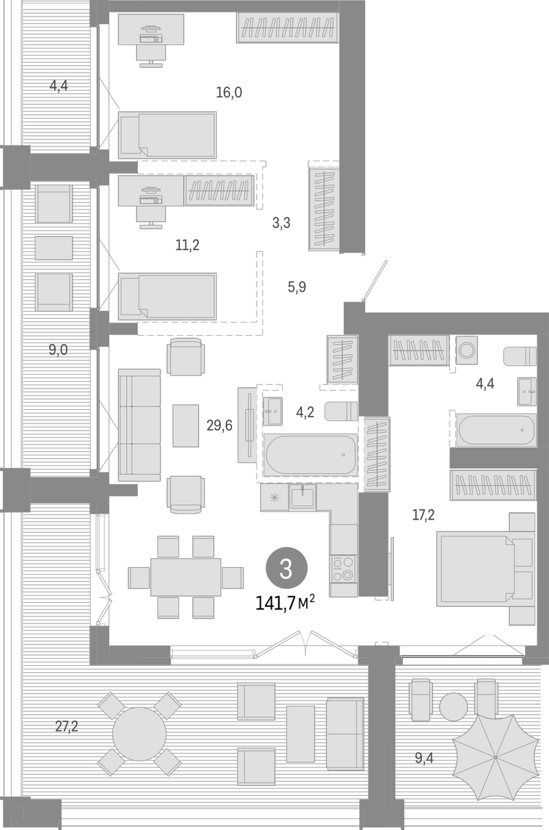 Планировка 4е-к. квартира 91.70 м² в ЖК «Европейский берег»