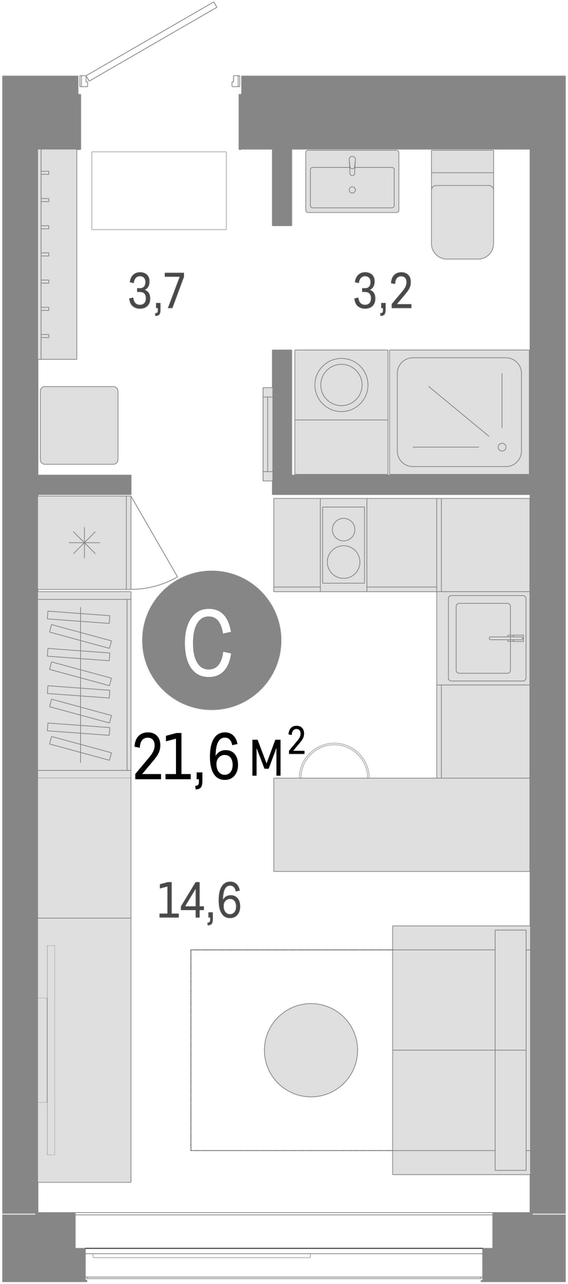 Планировка студии 21.60 м² в ЖК «Европейский берег»