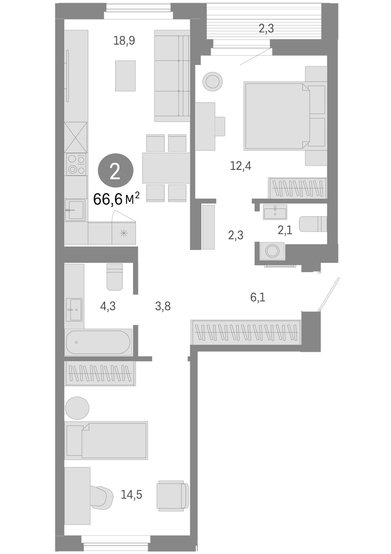 Планировка 3е-к.кв 64.30 м² в ЖК «Пшеница»