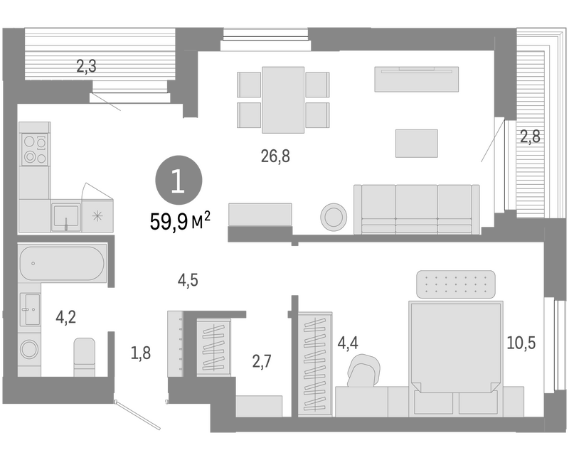 Планировка 2е-к.кв 54.80 м² в ЖК «Пшеница»