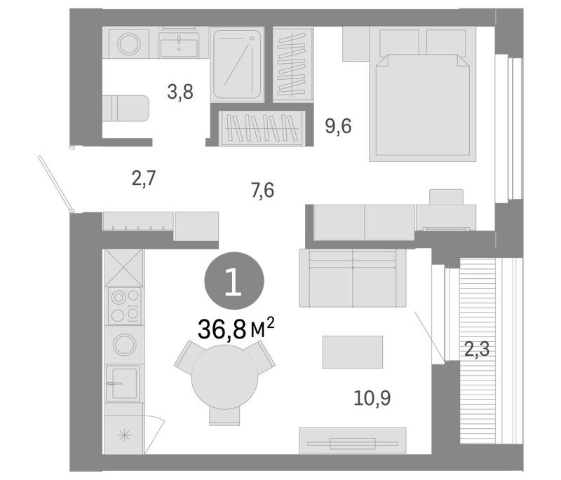 Планировка 2е-к.кв 34.50 м² в ЖК «Пшеница»