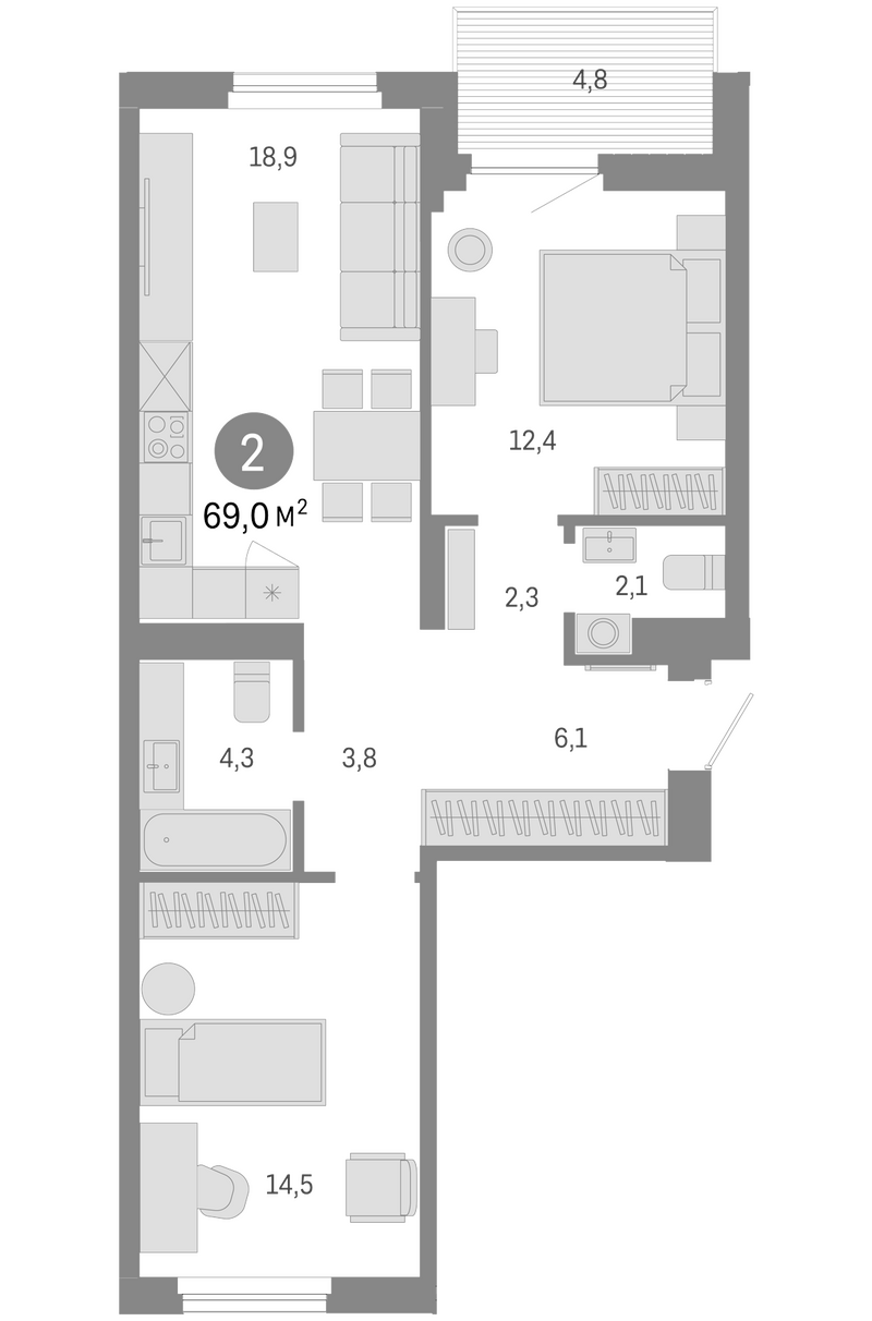 Планировка 3е-к.кв 64.20 м² в ЖК «Пшеница»