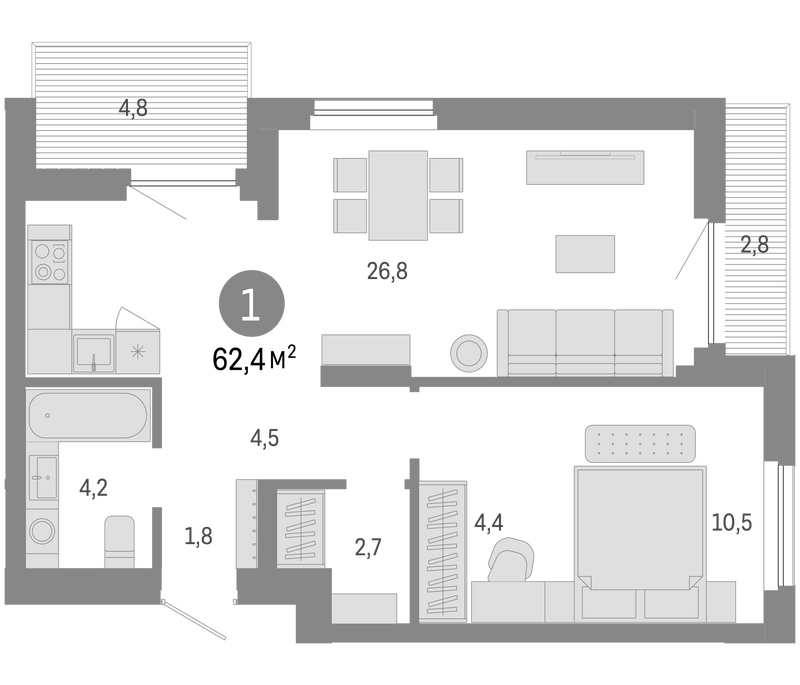 Планировка 2е-к.кв 54.80 м² в ЖК «Пшеница»