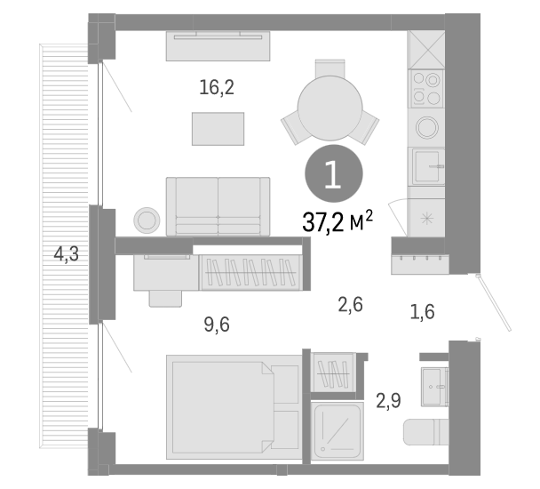 Планировка 2е-к.кв 32.90 м² в ЖК «Пшеница»