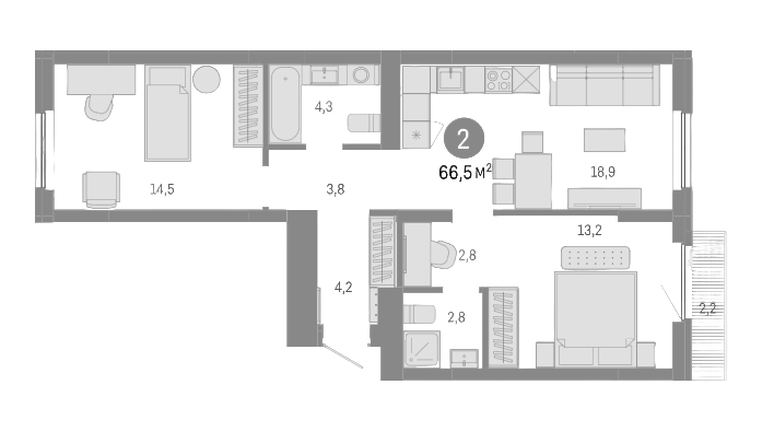 Планировка 3е-к.кв 64.30 м² в ЖК «Пшеница»