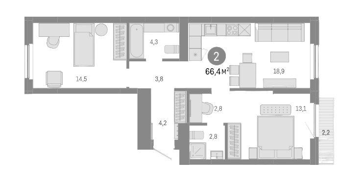 Планировка 3е-к.кв 64.20 м² в ЖК «Пшеница»