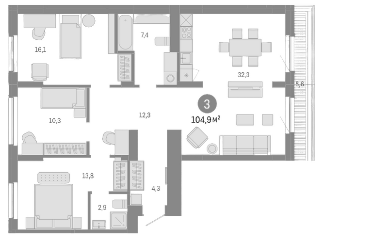 Планировка 4е-к.кв 99.30 м² в ЖК «Пшеница»