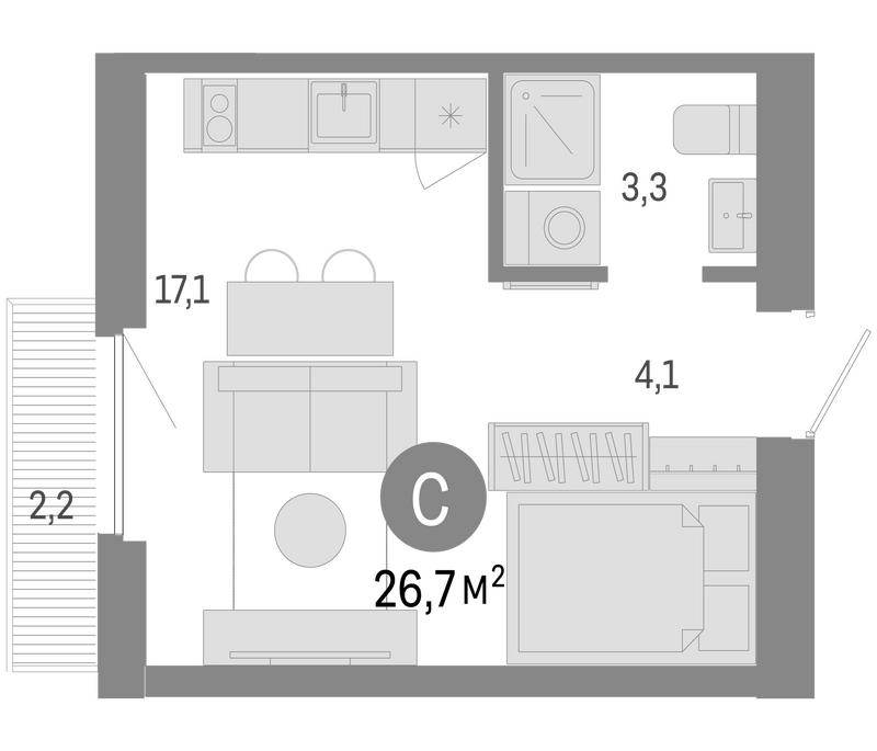 Планировка студии 24.50 м² в ЖК «Пшеница»