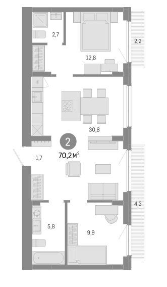 Планировка 3е-к.кв 63.70 м² в ЖК «Пшеница»