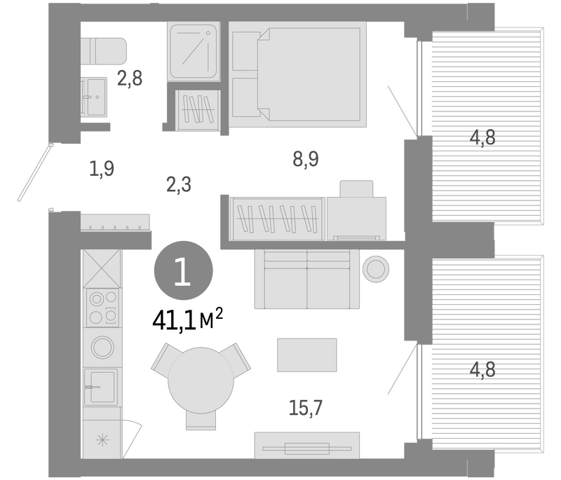Планировка 2е-к.кв 31.50 м² в ЖК «Пшеница»