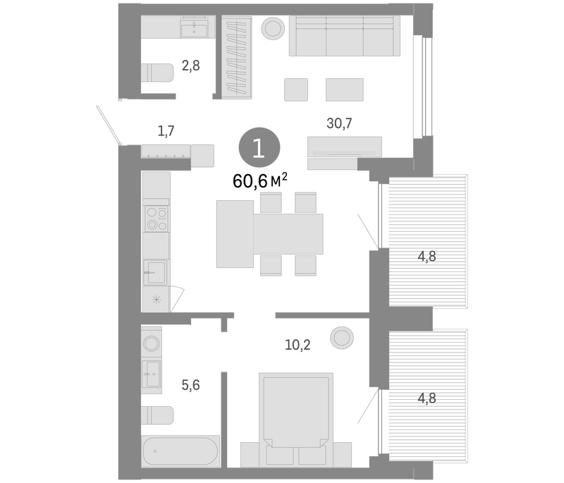 Планировка 2е-к. квартира 51.00 м² в ЖК «Пшеница»