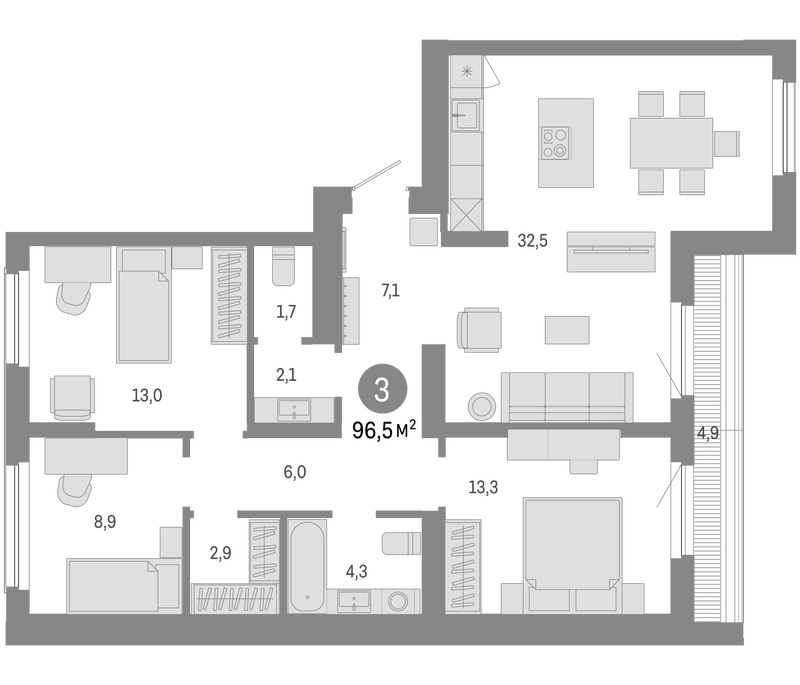 Планировка 4е-к.кв 91.60 м² в ЖК «Пшеница»