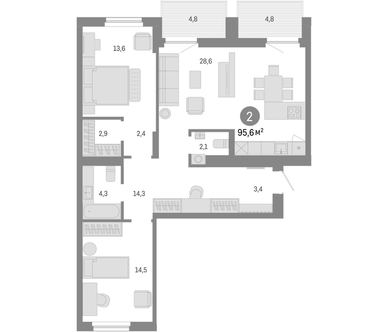 Планировка 3е-к.кв 86.00 м² в ЖК «Пшеница»