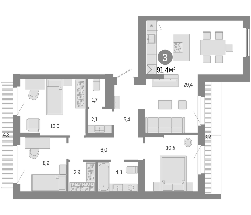 Планировка 4е-к. квартира 83.90 м² в ЖК «Пшеница»