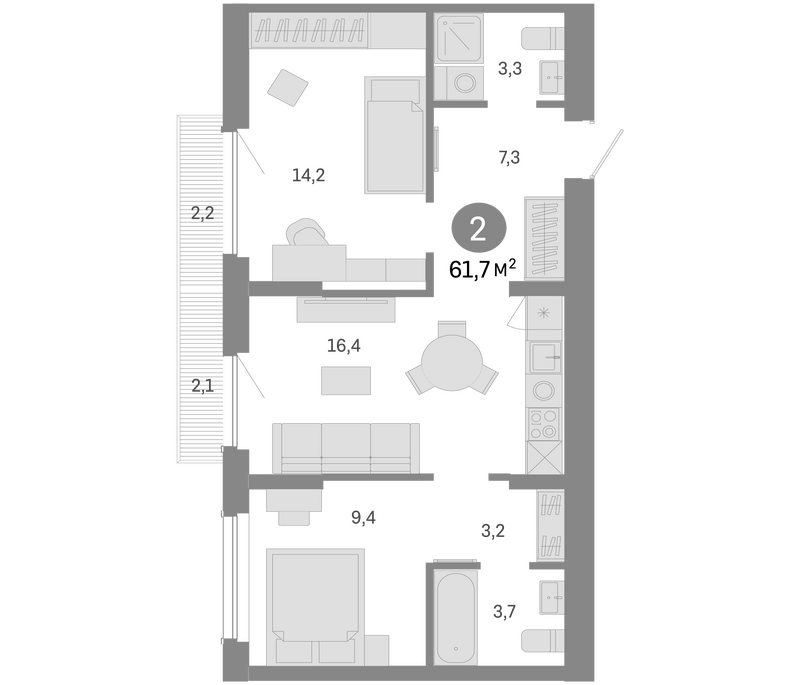 Планировка 3е-к.кв 57.40 м² в ЖК «Пшеница»