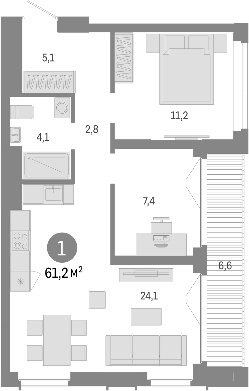 Планировка 2е-к.кв 54.60 м² в ЖК «Европейский берег»