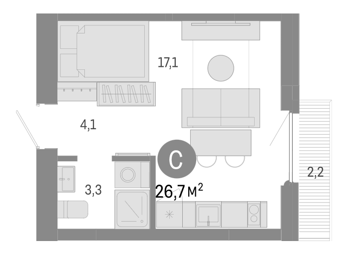 Планировка студии 24.50 м² в ЖК «Пшеница»