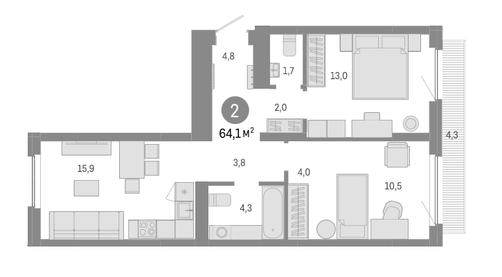 Планировка 3е-к. квартира 59.80 м² в ЖК «Пшеница»