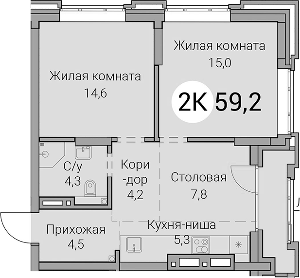 Планировка 3е-к.кв 55.70 м² в ЖК «Тайм Сквер»