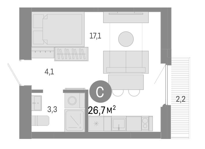 Планировка студии 24.50 м² в ЖК «Пшеница»