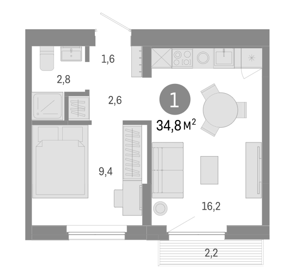 Планировка 2е-к. квартира 32.60 м² в ЖК «Пшеница»