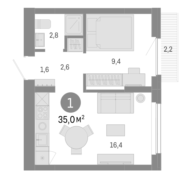 Планировка 2е-к. квартира 32.80 м² в ЖК «Пшеница»