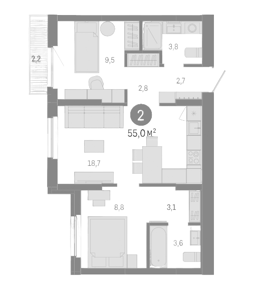 Планировка 3е-к. квартира 52.80 м² в ЖК «Пшеница»